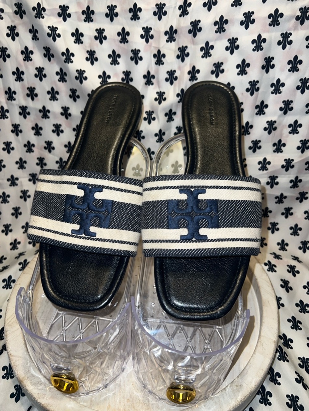 Tory Burch Navy and White Striped Slide Mules